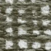 Olive-green woven fabric swatch with repeating, irregular square motifs and subtle embedded text; dense, matte texture with horizontal threads.